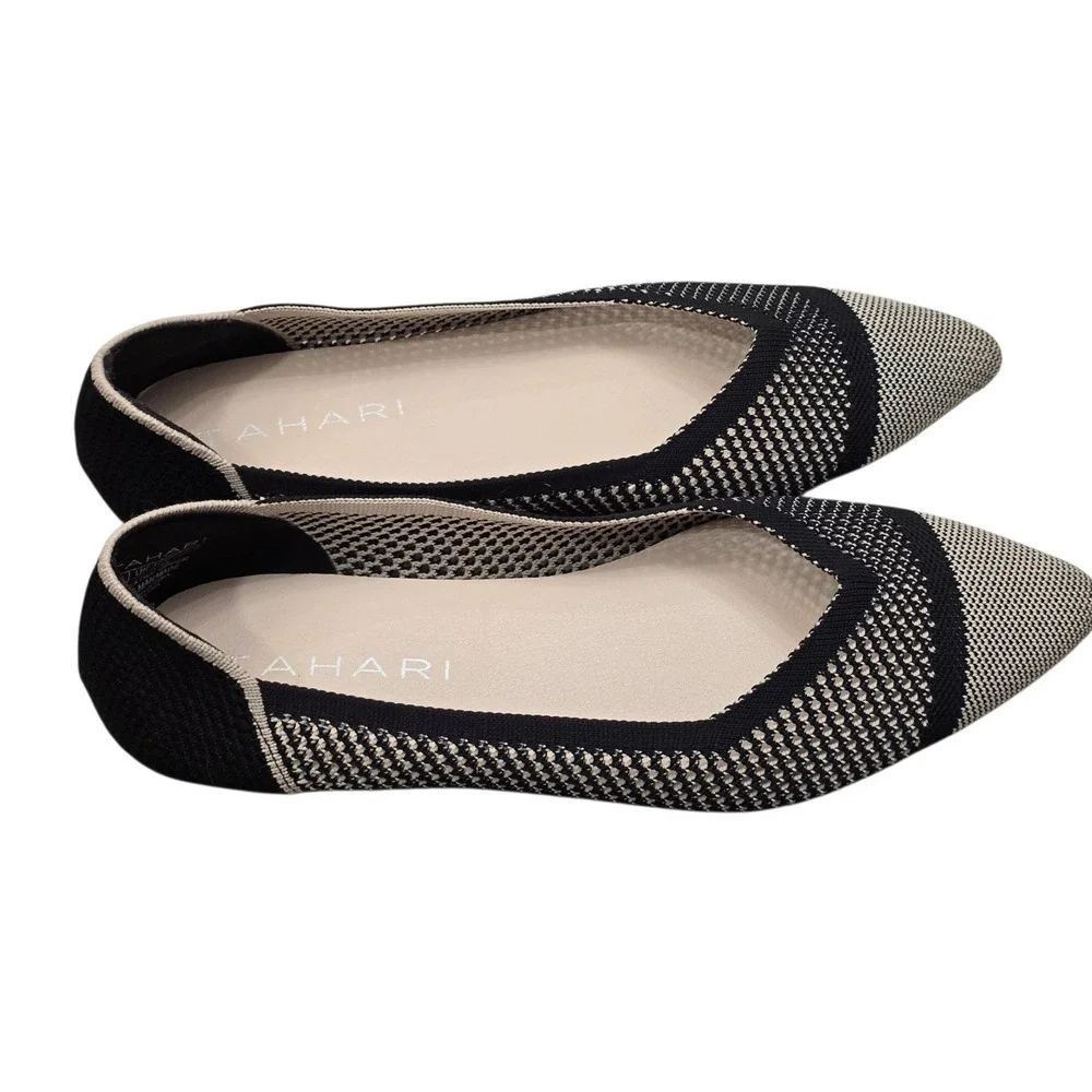 Tahari Antigua Pointed Toe Knit Ballet Flats Black Ivory Sz 8 Quiet Luxury Chic